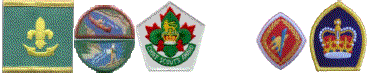 Pioneer Scout, Voyageur Scout (top), Pathfinder Scout (bottom), Chief Scout's Award (left 4 badges); Venturer Award, Queen's Venturer Award (right 2 badges)